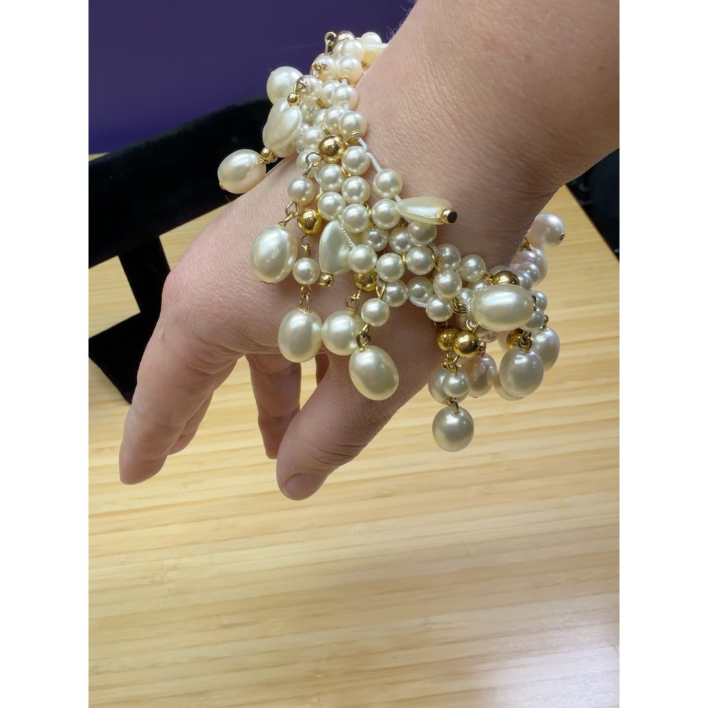 Faux Pearl Cluster Stretch Bracelet Cream Gold Tone Multi Strand Statement
